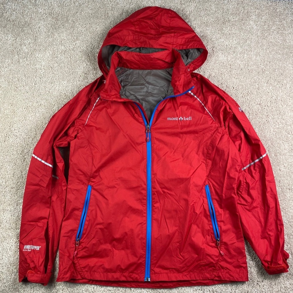 Montbell Windstopper Active Shell Jacket Red Womens Large Hooded Full Zip Hiking